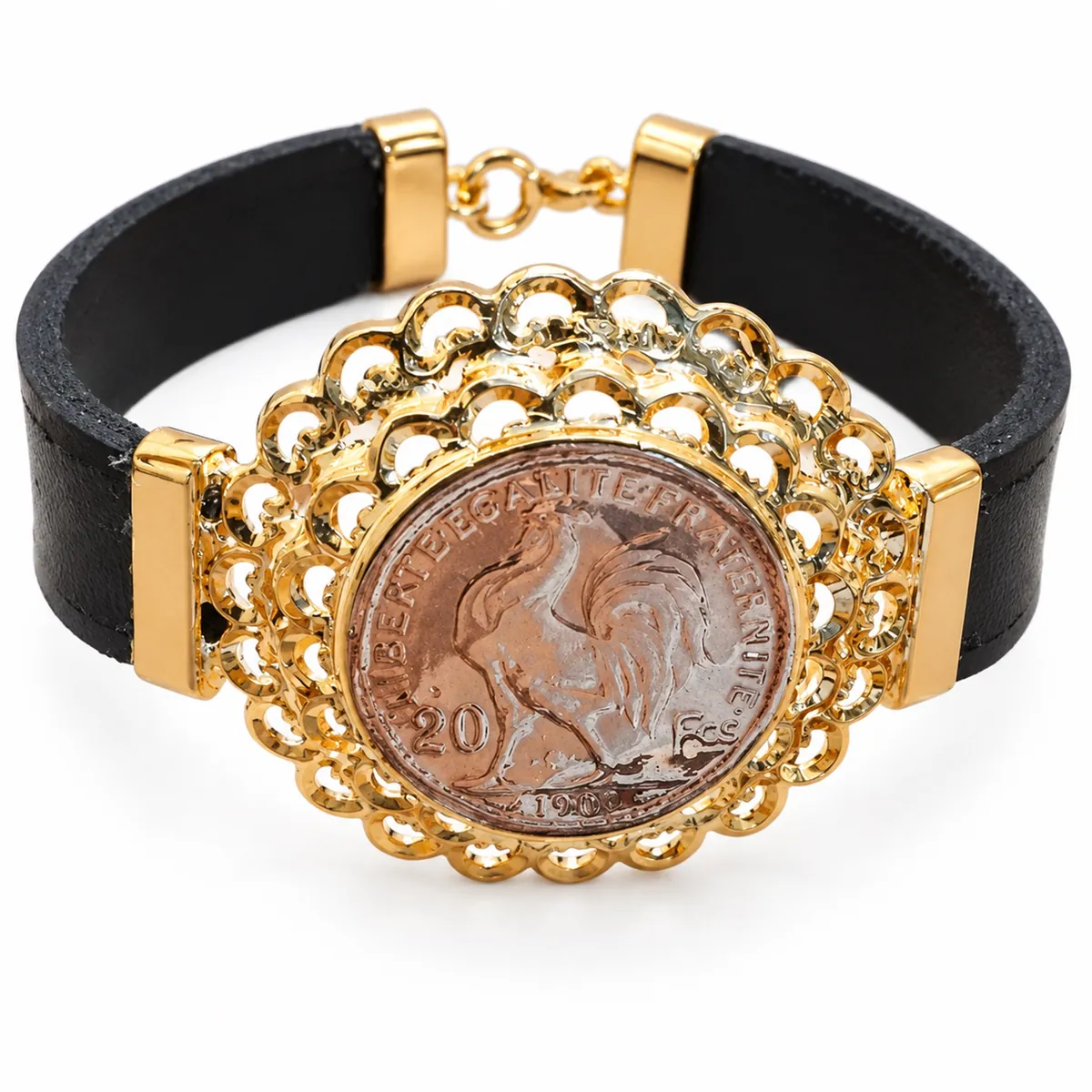 Bracelet cuir à pièce en or jaune — Bracelets, réf. EE-381, Essentiels Élégants Fès